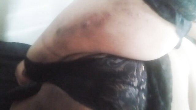 Relle Nyx in black lace lingerie, bruised shoulder, teasing boy pussy