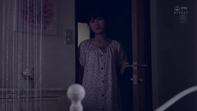 Japanese mom in nightgown at bedroom door, softcore JAV tease