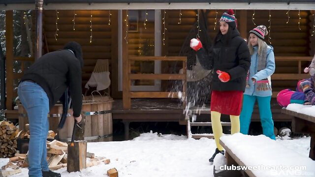 Funky Town Russian teens snow play in skimpy outfits group fun