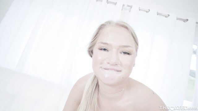 Harley King nude in shower smiling, wet blonde ponytail
