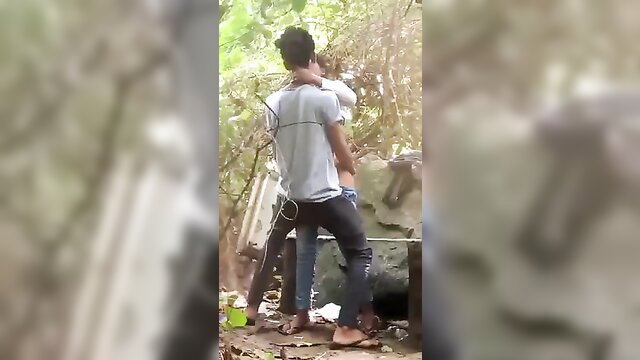 Indian couple outdoor sex in park, guy fucking girlfriend from behind on tank