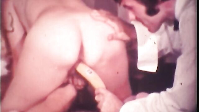 Vintage threesome wedding night: bride bent over, banana insertion anal play
