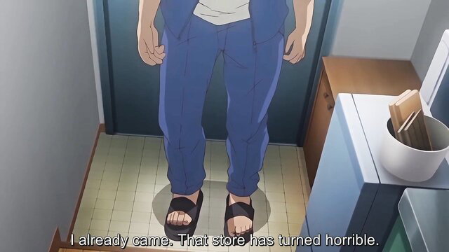 Anime guy in pants and sandals after cumming, messy floor hentai scene