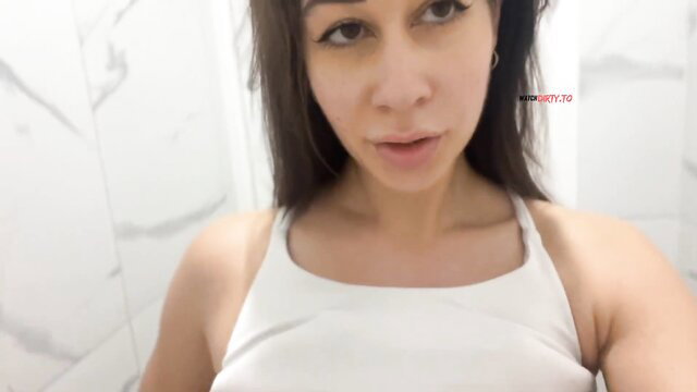 Lia-Fox in tight white tank top, teasing ass in gym orgasm video