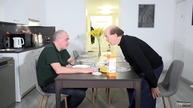 Lili Charmelle with two old men at table in Sexy Young Girl Fucks 2 Old Guys