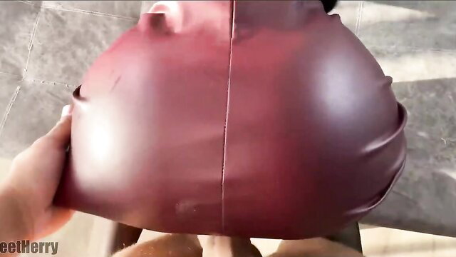 Stepsister's huge shiny red latex ass grabbed in teasing pose