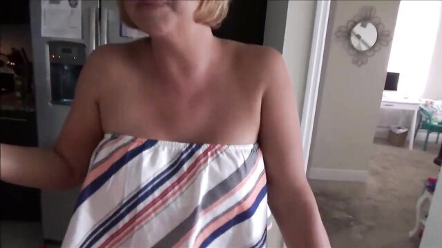 Brianna Beach blonde MILF in striped tube top, teasing nude shoulders