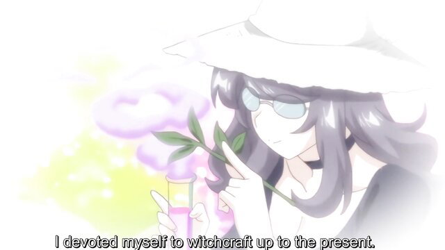 Anime hentai witch with glasses holds potion and herbs, devoted to witchcraft