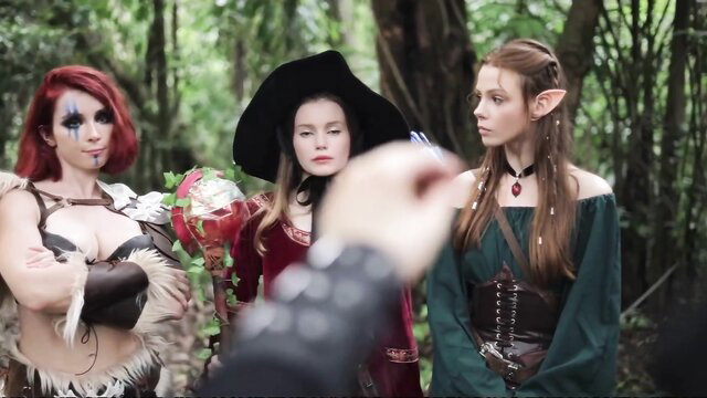 Hot elf girl Arina Fox with witch friends in forest Eros POV cosplay