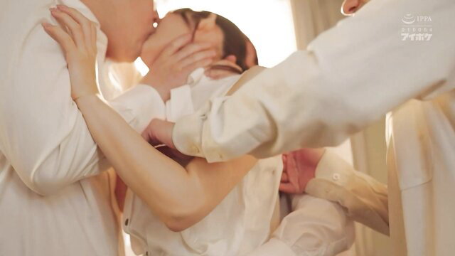 Asian JAV foursome kissing orgy in white shirts, intense group foreplay