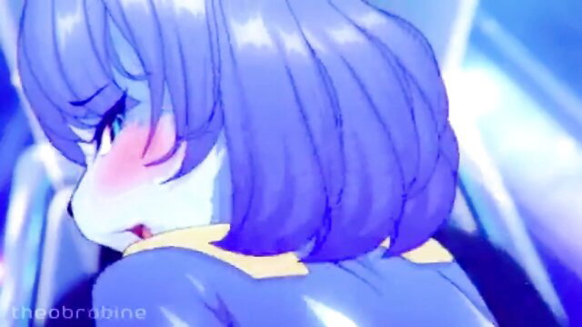 Blushing blue-haired anime fox girl closeup, aroused expression