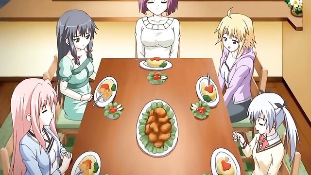 Busty anime daughters in lingerie at dinner table hentai scene