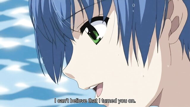 Blue-haired anime schoolgirl shocked she turned guy on in pool