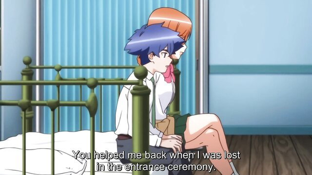 Otaku guy hugs sexy orange-haired anime schoolgirl in uniform