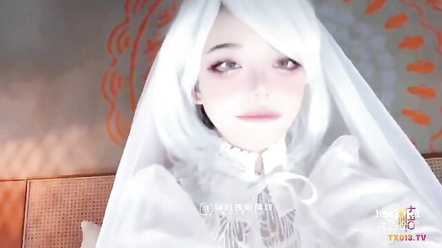 Asian cosplay girl in white wedding dress veil, pale skin, solo tease