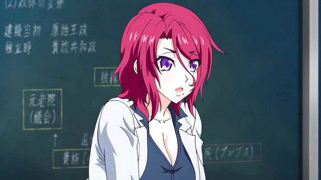 Redhead anime girl in open lab coat with cleavage, surprised expression
