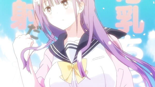 Cute busty purple-haired anime schoolgirl in sailor uniform