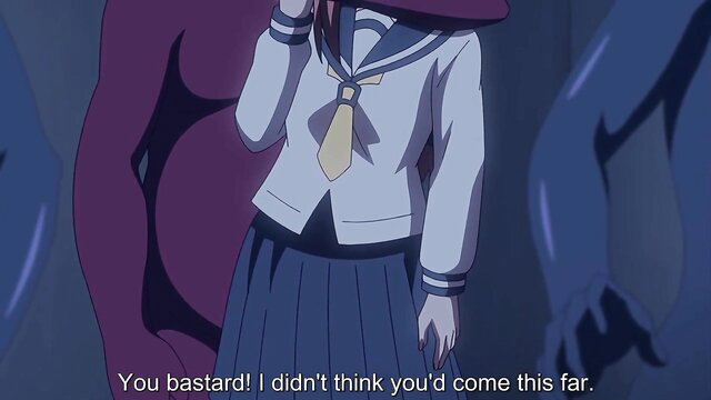 Busty anime schoolgirl in sailor uniform shocked by purple tentacle monster