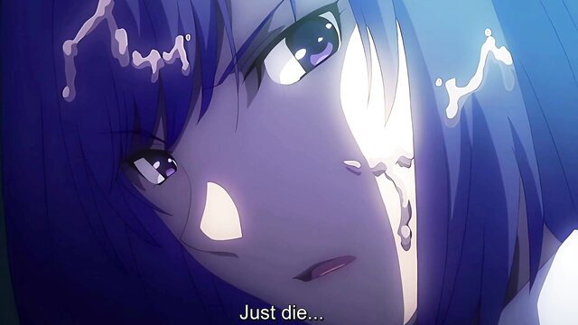 Purple-haired hentai nurse closeup with electric effects, 'Just die.' caption