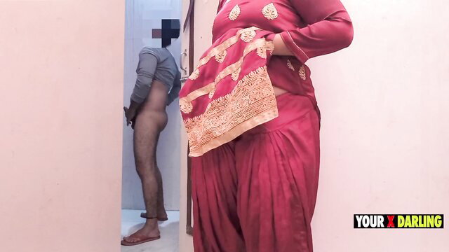 Indian stepmom in salwar kameez teases stepson jerking off nude in shower