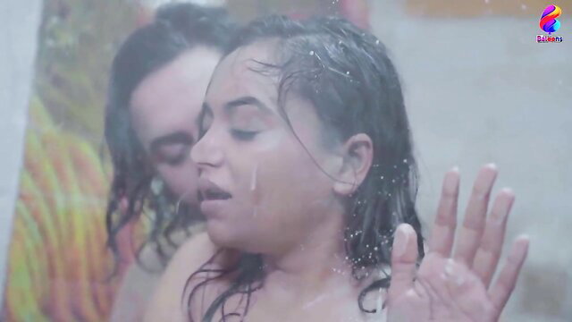 Wet Indian MILF in steamy shower kiss with lover