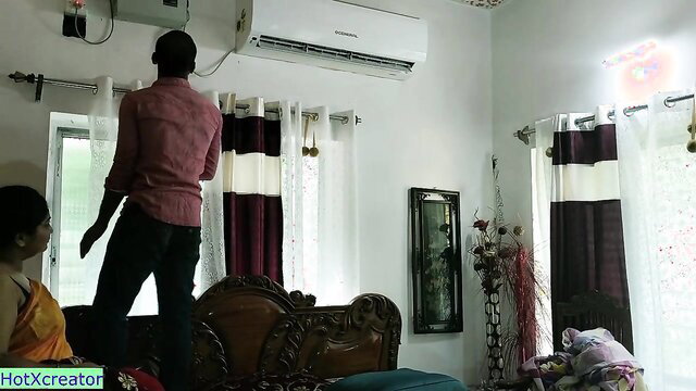 Indian couple hot bedroom foreplay, man groping desi wife in saree