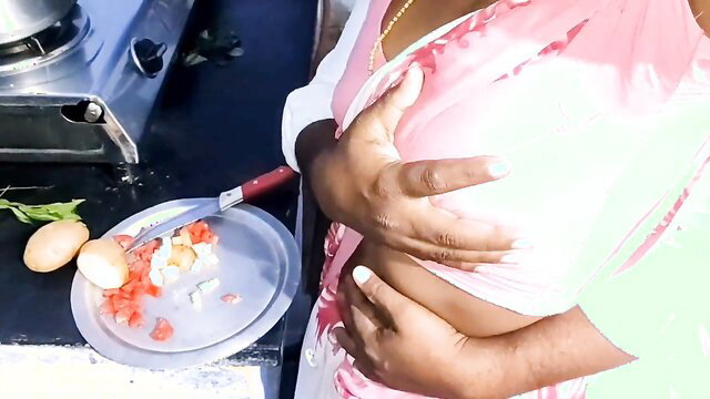 YourAnitha Indian village wife hugged in kitchen, pink saree blouse
