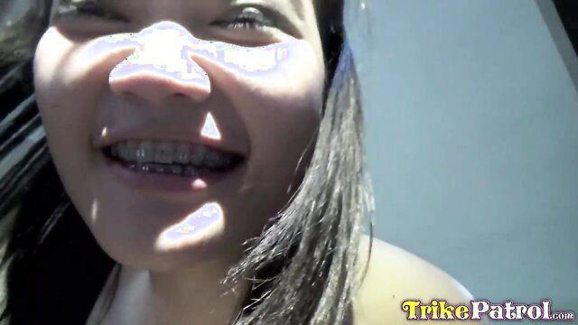 Pale Asian cutie with braces smiles, invites foreigner to fuck