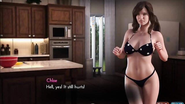 Chloe in black star bikini says it hurts in The Genesis Order kitchen
