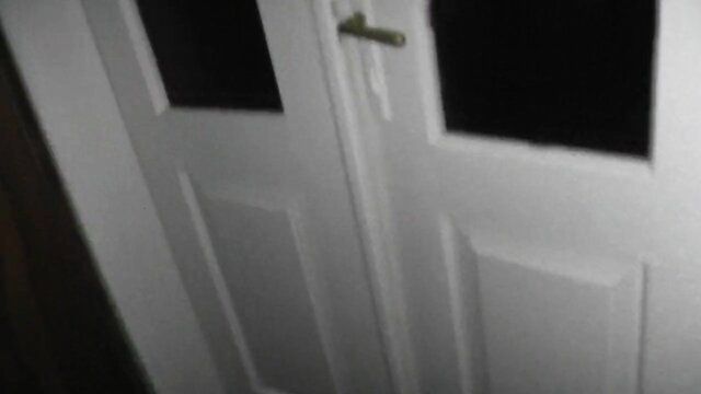 Blurry white double doors with brass knob in dark hall, Halloween horror tease