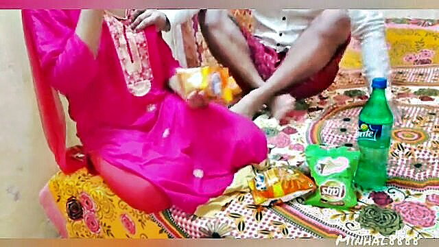 Indian stepsister in pink salwar kameez eats kurkure with stepbro