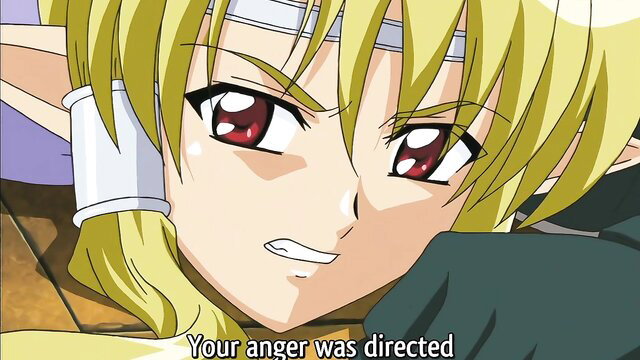Angry blonde elf girl glares with red eyes in hentai scene