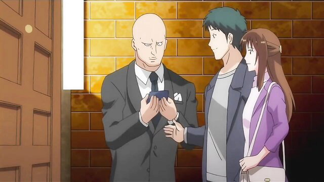 Anime teen hooker with old bald man and green-haired guy at door