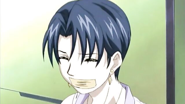 Gagged anime guy smiles slyly in taboo hentai scene