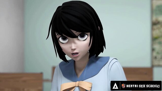 Hentai Sex School anime girl with black bob hair in school uniform, surprised face
