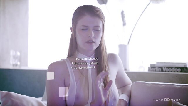 Blonde HardWerk model in sheer lingerie solo fingering on couch