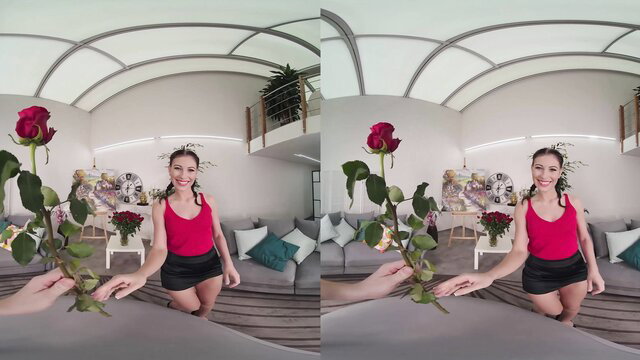 Teen babe Lilly Bella offers rose in sexy red top & skirt POV virginity tease