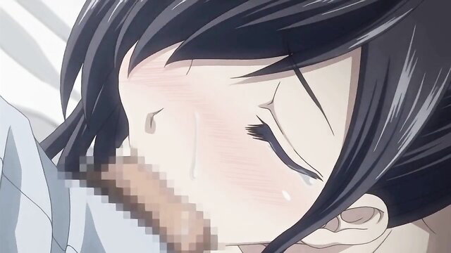 Busty black-haired anime sensei with teary eyes sucking cock closeup