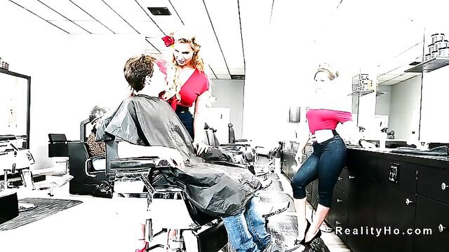 Nasty pinup hairdressers tease young guy in salon chair