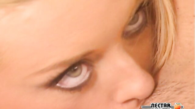 Blonde Brazilian bombshell closeup eyes in lesbian cousins sex video