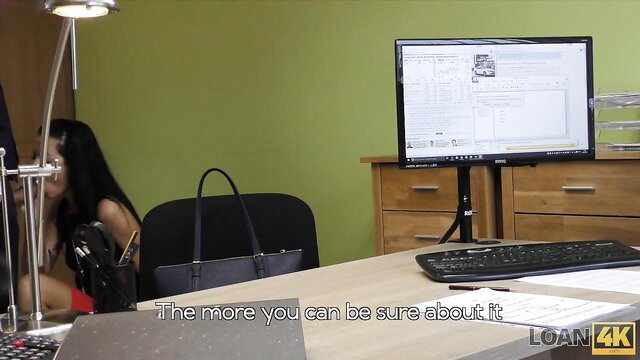 Inga in Loan 4K office, black dress upskirt on desk for cash