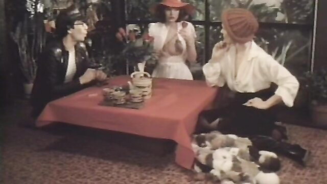 Vintage 1979 threesome with busty blondes exposing tits at table