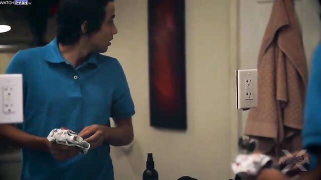 Ophelia Kaan in mom taboo scene, blue polo shirt, cleaning rag