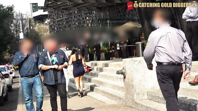 Mexican big booty gold digger in tight dress on street tease