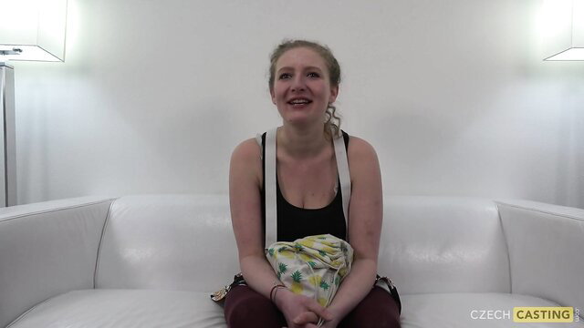 Blonde amateur babe in suspenders on casting couch interview