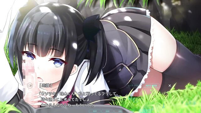 Black-haired anime girl in skirt and stockings, bending over with panty upskirt on grass