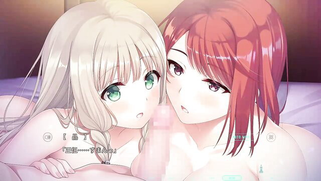 Blonde and redhead anime girls in bed, intimate yuri embrace with dildo