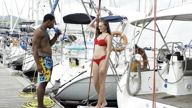 Stacy Cruz in red bikini flirts with muscular black guy at marina yacht