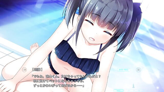 Anime girl Mizuki Yuurii in black bikini swimsuit, smiling seductively poolside