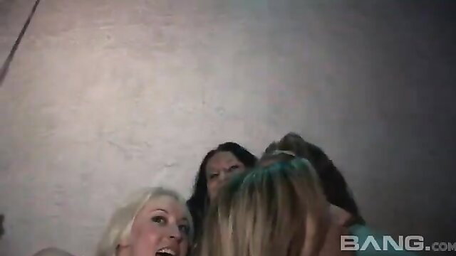 Blonde and brunette party girls flashing tits and asses, ready to party